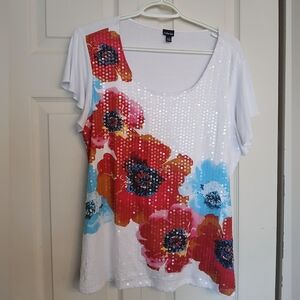RAFAELLA White Floral Sequin Top, Size Large (L)